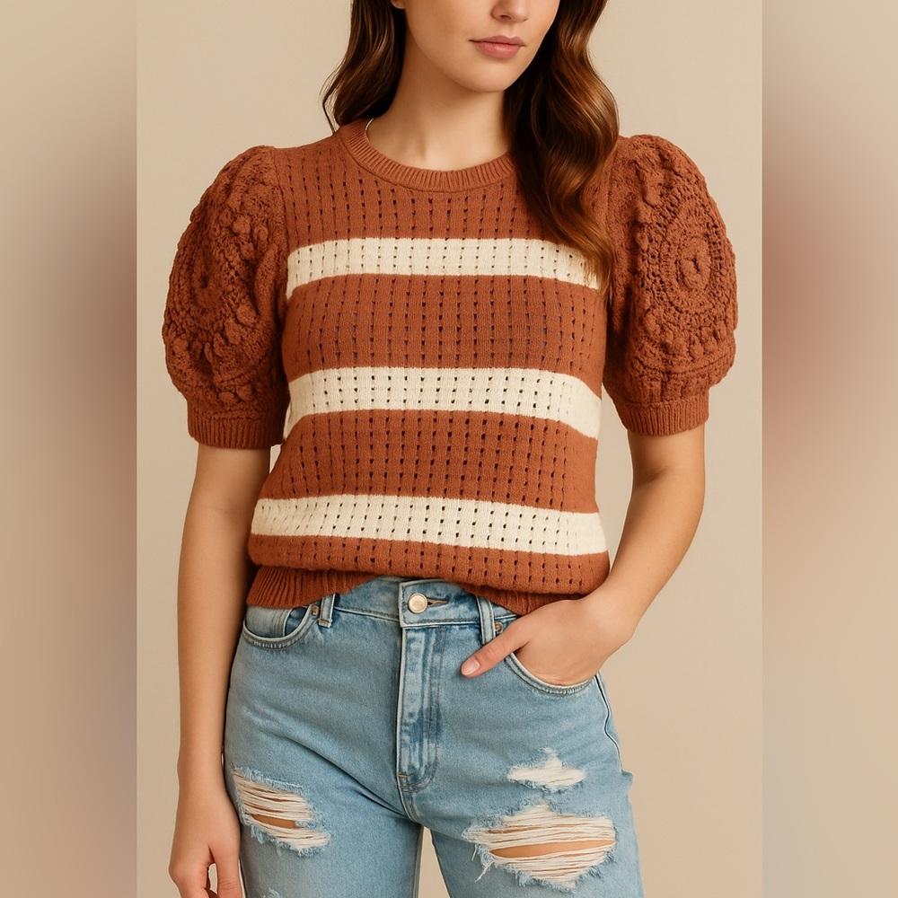 Böhme Puff Sleeve Crochet Knit Sweater – Size Large‎